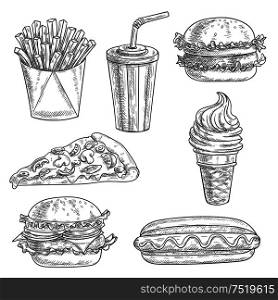 Fast food pencil sketch snacks, desserts, drinks. Isolated vector icons of french fries in box, pizza slice, soda coke, cheeseburger, hamburger, hot dog, ice cream cone. Fast food snacks and drinks sketch icons