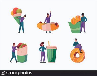 Fast food people. Characters with junk products little persons and big food pizza donuts hamburgers cold drinks garish vector flat illustrations isolated. Illustration of product junk food. Fast food people. Characters with junk products little persons and big food pizza donuts hamburgers cold drinks garish vector flat illustrations isolated