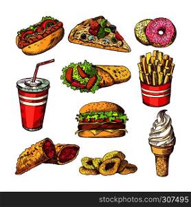 Fast food pictures. Burgers, cola sandwich hotdog and french fries. Hand drawn color vector illustrations. Burger fast food, sandwich and pizza fastfood. Fast food pictures. Burgers, cola sandwich hotdog and french fries. Hand drawn color vector illustrations
