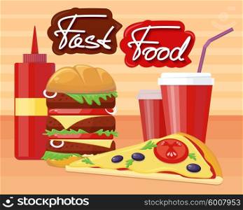 Fast food pizza burger design flat. Fast food restaurant, hamburger and restaurant, junk food, lunch dinner, drink and snack, sandwich and unhealthy eat, soda tasty illustration