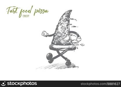 Fast food pizza concept. Hand drawn piece of delicious pizza with ham and vegetables running. Dinner with unhealthy food isolated vector illustration.. Fast food pizza concept. Hand drawn isolated vector.