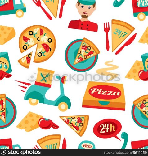 Fast food pizza delivery 24h ingredients seamless pattern vector illustration