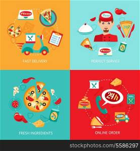 Fast food pizza delivery perfect service fresh ingredients online order decorative icons set isolated vector illustration