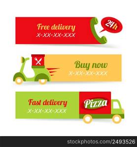 Fast food pizza free delivery 24h banners set isolated vector illustration