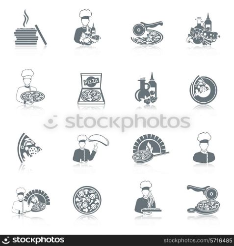 Fast food pizza maker perfect service pizzeria fresh ingredients black icons set isolated vector illustration