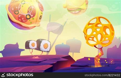 Fast food planet cartoon poster with pizza, burger spheres and sushi over alien landscape with bizarre tree. Cosmic fantasy game, space adventure, funny world ui graphic design vector web banner. Fast food planet cartoon poster with pizza