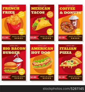 Fast Food Posters Set. Set of posters in red yellow colors with fast food dishes coffee and donuts isolated vector illustration