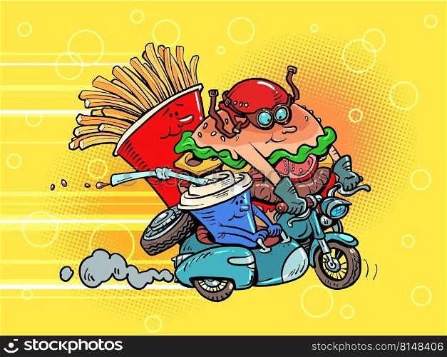 Fast food products characters bikers ride a motorcycle. Road restaurant. Burger fries drink cola. Comic cartoon style kitsch vintage hand drawn illustration. Fast food products characters bikers ride a motorcycle. Road restaurant. Burger fries drink cola
