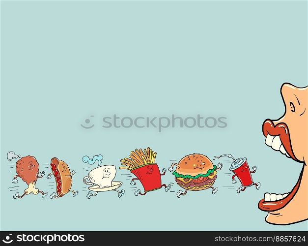 Fast food products characters go to mouth. Street restaurant. Burger fries drink cola chicken leg hot dog coffee cup. Comic cartoon style kitsch vintage hand drawn illustration. Fast food products characters go to mouth. Street restaurant. Burger fries drink cola chicken leg hot dog coffee cup