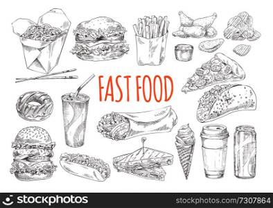 Fast food promo monochrome poster with rich hamburgers, cold ice cream, exotic Chinese food, delicious rolls and sweet drinks vector illustrations.. Tasty Fast Food Promotional Monochrome Poster