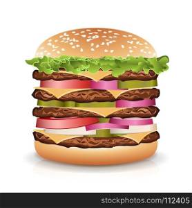 Fast Food Realistic Burger Vector. Big Burger Icon. Fast Food Realistic Burger Vector. Realistic vector illustration of burger. Hamburger with Meat, Cucumbers, Cheese And Tomato. Vector Classic Burger Isolated.
