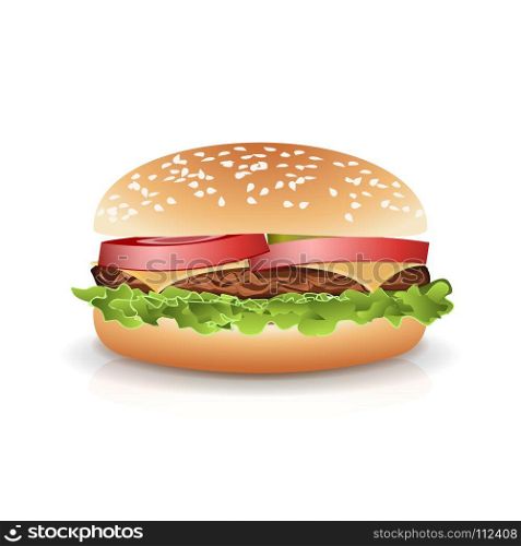 Fast Food Realistic Burger Vector. Big Burger Icon. Fast Food Realistic Burger Vector. Set Hamburger Fast Food Sandwich Emblem Realistic Isolated On White Background Illustration
