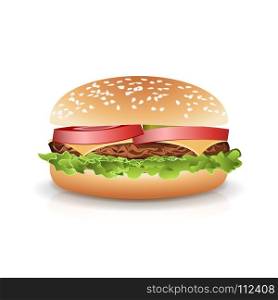 Fast Food Realistic Burger Vector. Big Burger Icon. Fast Food Realistic Burger Vector. Set Hamburger Fast Food Sandwich Emblem Realistic Isolated On White Background Illustration