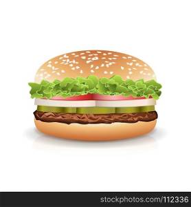 Fast Food Realistic Burger Vector. Hamburger Fast Food Sandwich Emblem Realistic Isolated On White Background Illustration. Fast Food Realistic Popular Burger Vector. Photo Realistic Illustration Of The Double Cheeseburger Isolated On White Background.