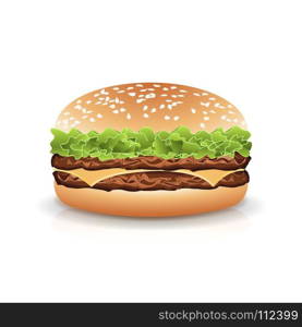 Fast Food Realistic Burger Vector. Hamburger Fast Food Sandwich Emblem Realistic Isolated On White Background Illustration. Fast Food Realistic Popular Burger Vector. Photo Realistic Illustration Of The Double Cheeseburger Isolated On White Background.