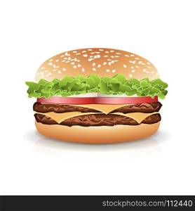Fast Food Realistic Burger Vector. Hamburger Icon With Meat, Lettuce, Cheese And Tomato. Isolated. Fast Food Realistic Burger Vector. Hamburger Fast Food Sandwich Emblem Realistic Isolated On White Background Illustration