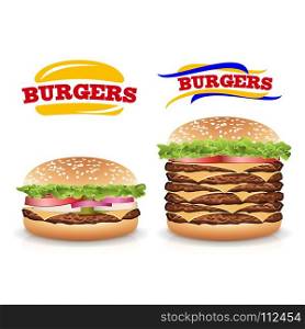 Fast Food Realistic Burger Vector. Set. Fast Food Realistic Popular Burger Vector. Photo Realistic Illustration Of The Double Cheeseburger Isolated On White Background.
