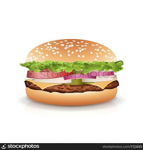 Fast Food Realistic Popular Burger Vector. Fast Food Realistic Burger Vector. Set Hamburger Fast Food Sandwich Emblem Realistic Isolated On White Background Illustration