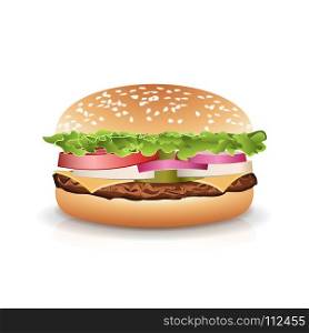 Fast Food Realistic Popular Burger Vector. Fast Food Realistic Burger Vector. Set Hamburger Fast Food Sandwich Emblem Realistic Isolated On White Background Illustration