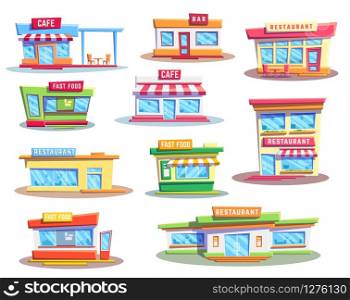 Fast food restaurant and cafe buildings, vector icons set. Exteriors of house facades, storefronts of burger shop or store, cafeteria, pub or bar and pizzeria with doors, windows, signboards, awnings. Building icons of fast food restaurant and cafe