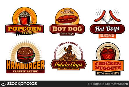 Fast food restaurant and cafe labels with lunch snack. Hamburger, hot dog and french fries, chicken nuggets, popcorn and potato chips retro badges for takeaway food packaging and fastfood menu design. Fast food retro badges with burger and hot dog