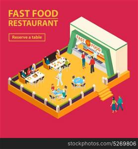 Fast Food Restaurant Background. Fast food square banner with isometric food court interior and people characters with reserve table button vector illustration