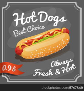 Fast food restaurant chalkboard retro poster with grilled hot dog vector illustration
