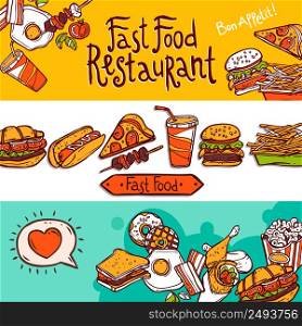 Fast food restaurant colored hand drawn horizontal banners set isolated vector illustration. Fast Food Banners