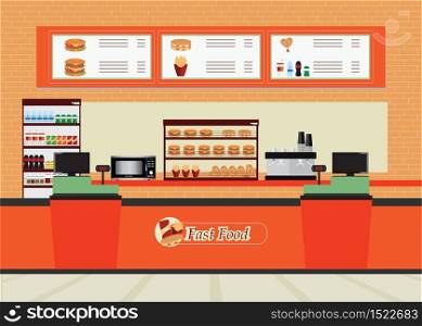 Fast food restaurant interior with hamburger and beverage, food and drink flat design vector illustration.