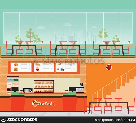Fast food restaurant interior with hamburger and beverage, food and drink flat design vector illustration.