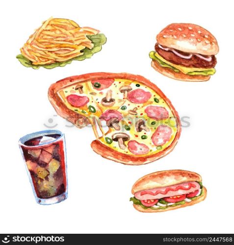 Fast food restaurant lunch menu with hand drawn pizza and hotdog pictograms composition watercolor vector isolated illustration. Watercolor fast food lunch menu set