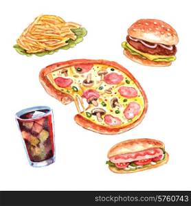 Fast food restaurant lunch menu with hand drawn pizza and hotdog pictograms composition watercolor vector isolated illustration. Watercolor fast food lunch menu set