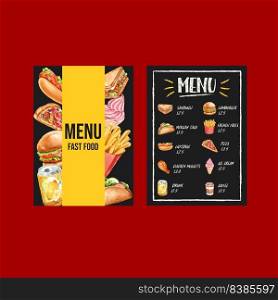 Fast food restaurant menu design. Frame border background menu list appetizer food , template design, creative watercolor vector illustration design