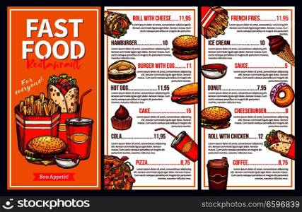Fast food restaurant menu folding brochure template. Hamburger, pizza and hot dog, cheeseburger, fries and soda, donut, coffee and egg sandwich, burrito roll and cake price list poster design. Fast food menu with takeaway lunch meal and drinks