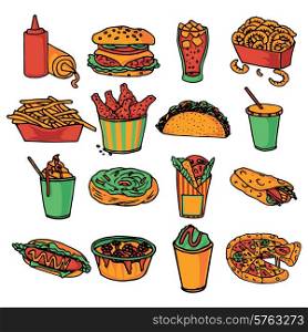 Fast food restaurant menu icons collection with taco wrap and double cheeseburger abstract color isolated vector illustration. Fast food menu icons set color