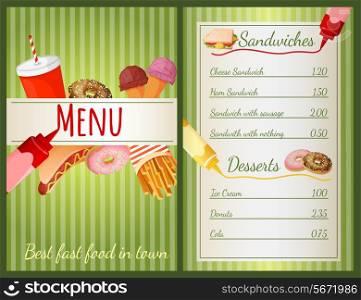 Fast food restaurant menu with sandwiches and desserts vector illustration