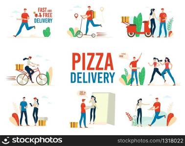 Fast Food Restaurant Pizza Delivery Service Trendy Flat Vector Concepts Set Isolated on White Background. Deliveryman on Scooter, Female Courier on Bicycle Delivering Orders to Clients Illustrations