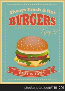 Fast food restaurant poster with retro hamburger