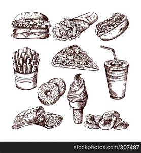 Fast food restaurant. Vector hand drawn pictures of burger french fries cola and pizza. Restaurant menu elements pizza and drink, sandwich hamburger illustration. Fast food restaurant. Vector hand drawn pictures of burger french fries cola and pizza