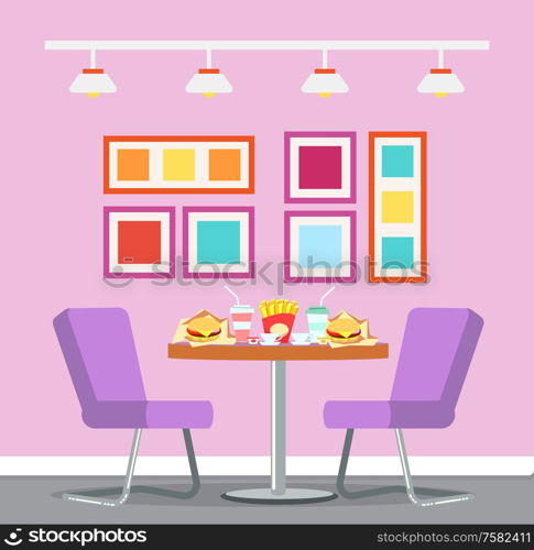 Fast food restaurant vector, interior of cafe. Table with burger and cheeseburger, french fries fried potato and soda in plastic mug, unhealthy meal. Cafe Restaurant Interior, Table with Fast Food