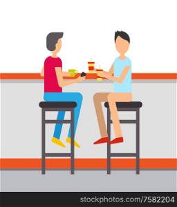 Fast food restaurant vector, people drinking soda and tea from mug and plastic cup. Friends spending time in cafe relaxing from work, male on chairs. Friends on Weekends Eating Drinking at Restaurant