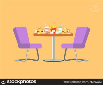 Fast food restaurant vector, table with burger and soda drink in plastic mug. Dinner at bistro, desk with chairs, sandwich French fries fried potatoes. Flat cartoon. Fast Food Restaurant Table with Burger and Drink