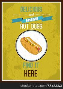 Fast food restaurant vendor takeaway speed service stand decorative hotdog mustard color vintage advertisement poster vector illustration