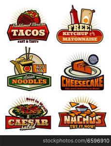 Fast food restaurant vintage symbols with snack and desserts. Mexican taco and nacho with sauce, chinese noodle with chopsticks, american cheesecake and caesar salad retro icons for cafe menu design. Fast food retro symbols with snack and desserts