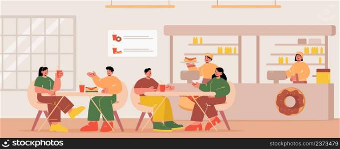 Fast food restaurant with hot dog and cups on tables, sitting people, waitress with tray and cashiers at counter. Vector flat illustration of cafe interior with men and women eat and talk. Fast food restaurant with sitting people, waitress