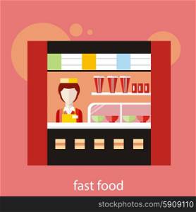Fast food restaurant. Woman behind the counter in restaurant. Concept in flat design. Fast food restaurant