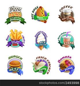 Fast food restaurants colorful cartoon style emblems stickers set with cheeseburger donuts and cola vector isolated illustration . Fastfood Cartoon Colorful Emblems Set