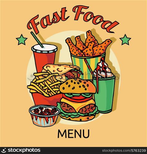 Fast food restaurants hain menu advertisement poster with chicken hamburger soda drink and hotdog abstract vector illustration. Fast food chain menu poster