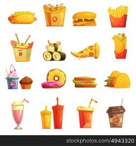Fast Food Retro Cartoon Icons Set . Fast food retro cartoon icons collection with hot dog sushi hamburger and donuts abstract isolated vector illustration