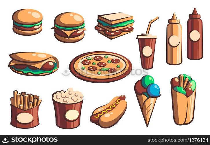 Fast food retro icons with vector burgers, drinks and desserts. Hamburger, pizza, hot dog and sandwich, french fries, soda and cheeseburger, ice cream, popcorn, mexican burritos and taco with sauces. Fast food burger sandwich, drink and dessert icons